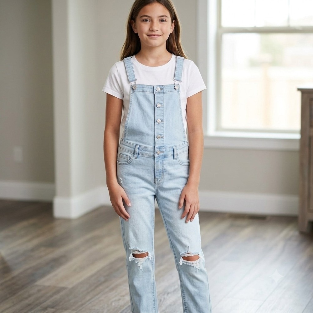 Cat & Jack Super Stretch Overalls Lite Blue Denim Girls Size L 10-12